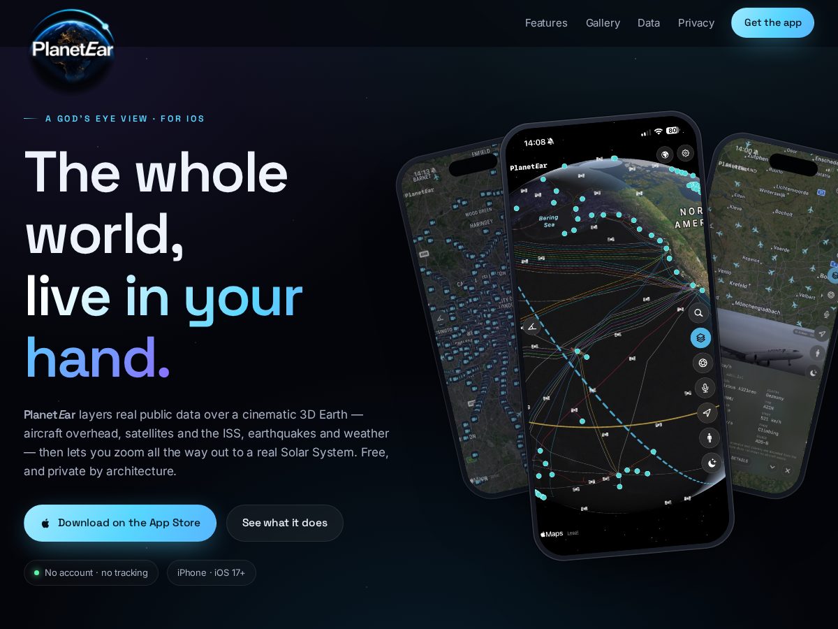 Landing-page snapshot of planetear.app