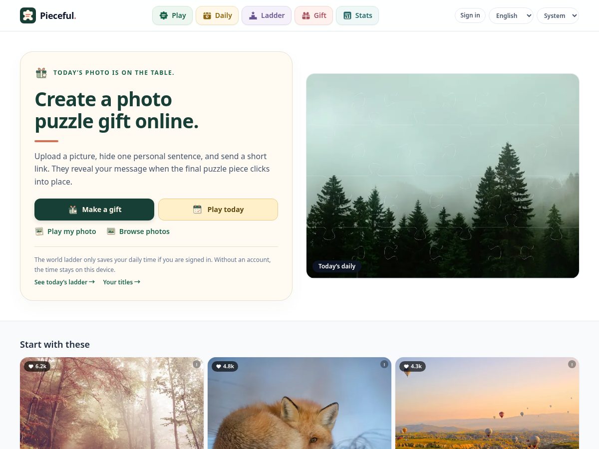 Landing-page snapshot of playpieceful.com