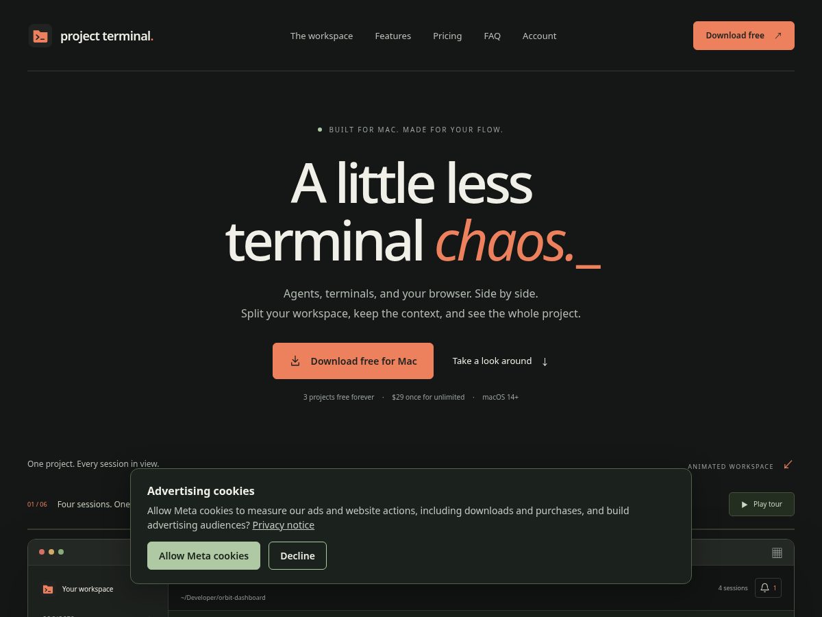Landing-page snapshot of projectterminal.app