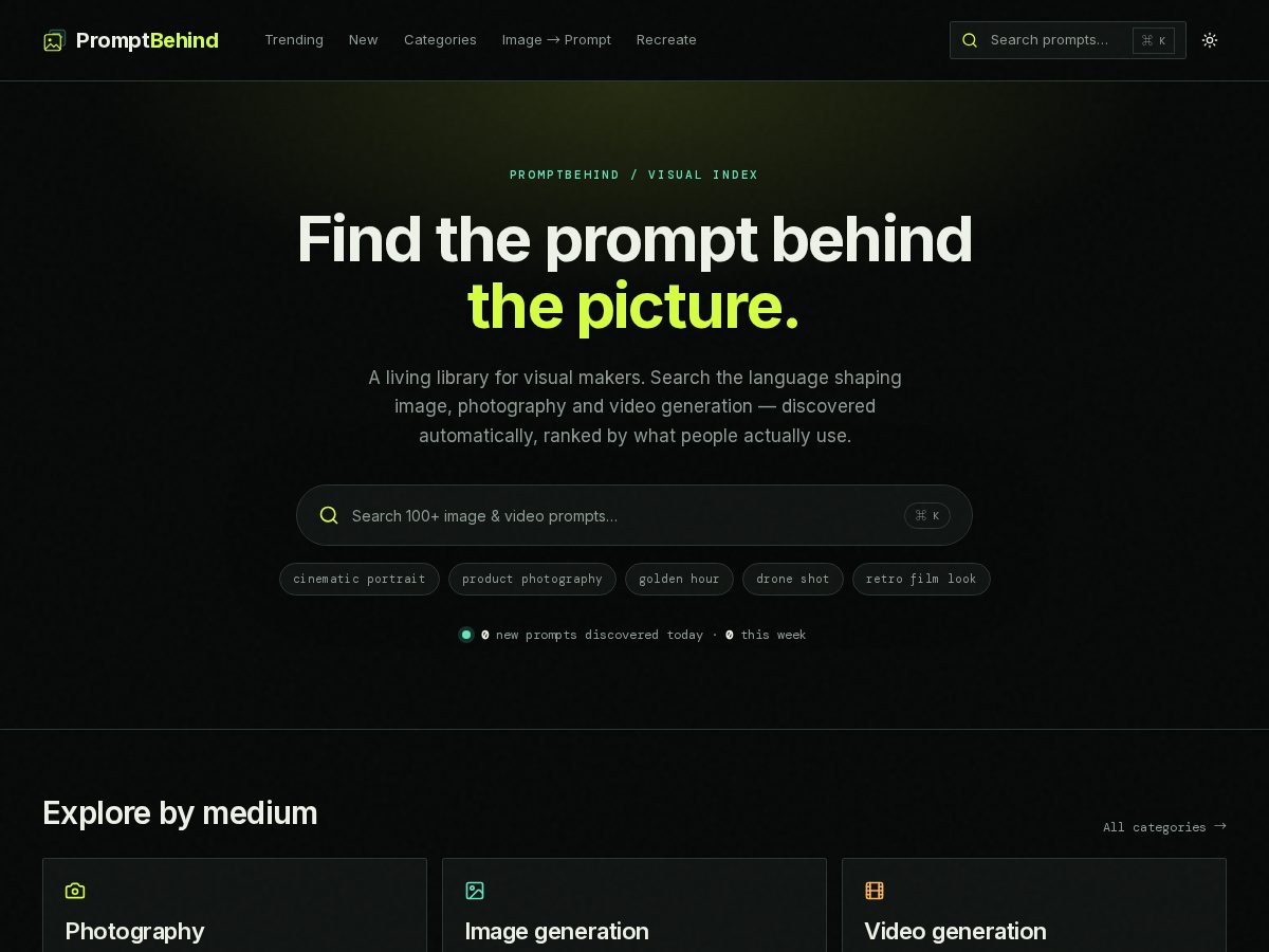 Landing-page snapshot of promptbehind.com