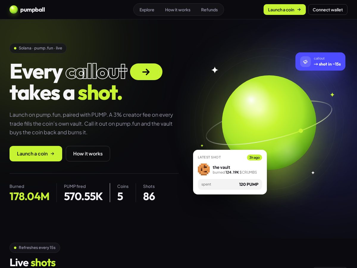 Landing-page snapshot of pumpball.tech