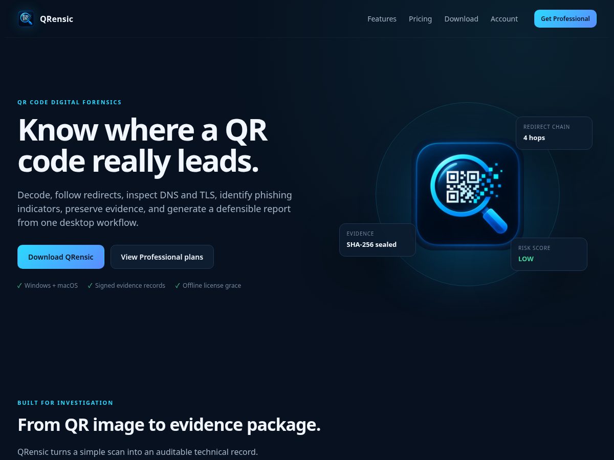 Landing-page snapshot of qrensic.com