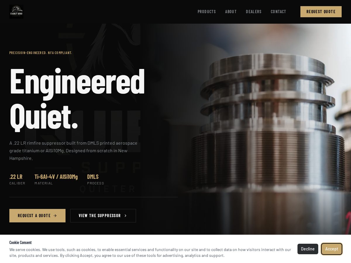 Landing-page snapshot of quietdogsuppressors.com
