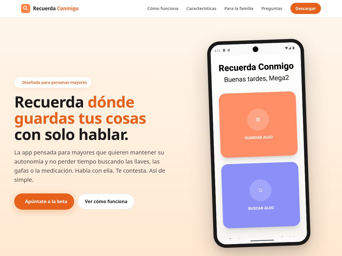 Landing-page snapshot of recuerdaconmigo.com