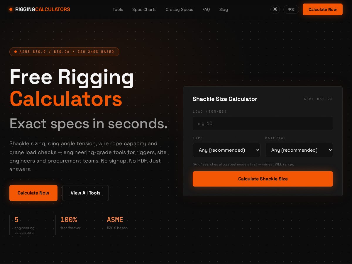Landing-page snapshot of riggingcalculators.com