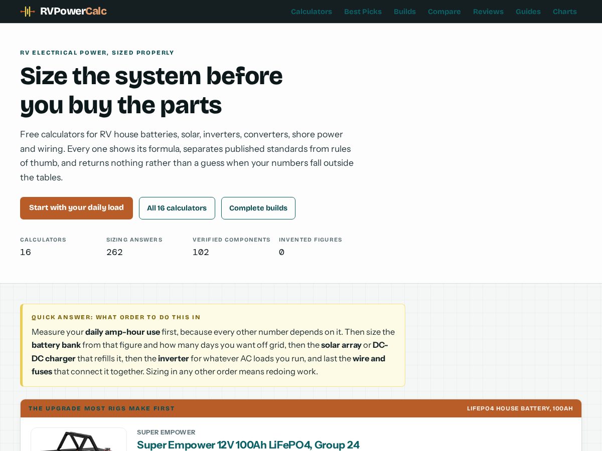 Landing-page snapshot of rvpowercalc.com