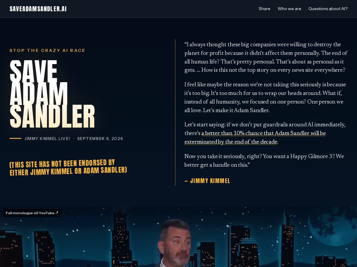 Landing-page snapshot of saveadamsandler.com