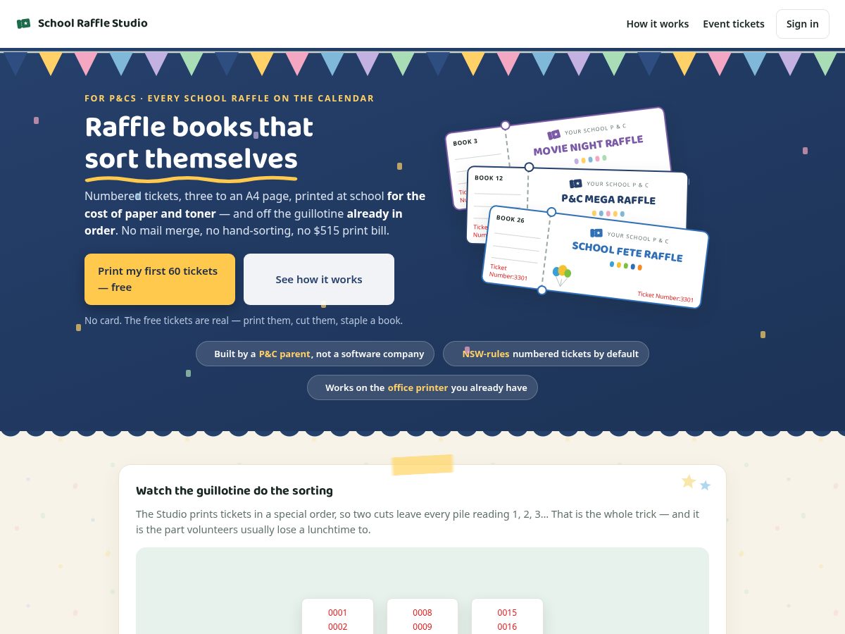 Landing-page snapshot of schoolrafflestudio.online