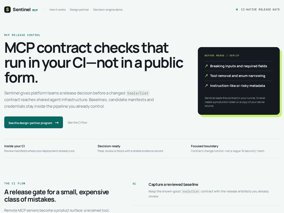 Landing-page snapshot of sentinelmcp.app