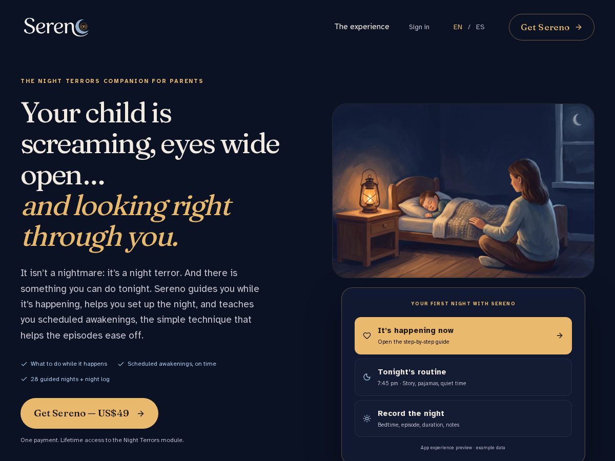 Landing-page snapshot of serenonights.com
