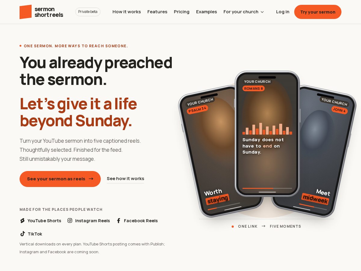 Landing-page snapshot of sermonshortreels.com