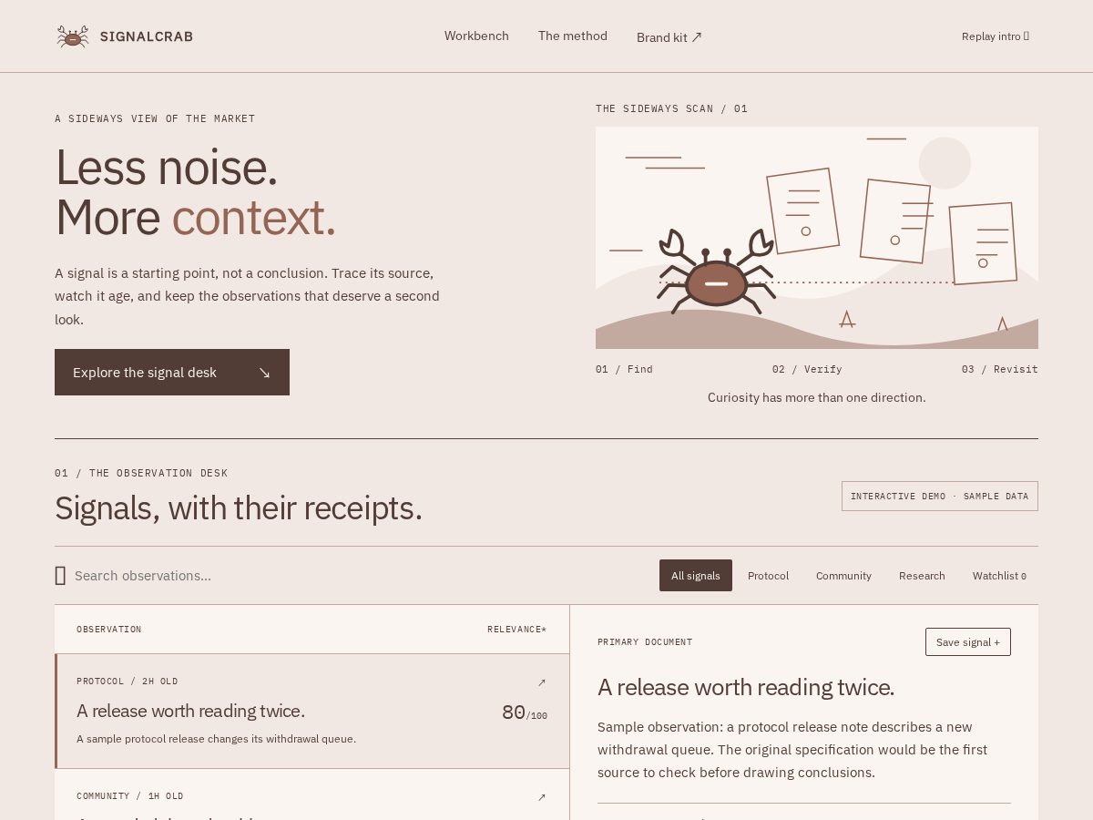 Landing-page snapshot of signalcrab.xyz