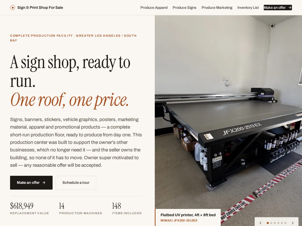 Landing-page snapshot of signandprintshopforsale.com