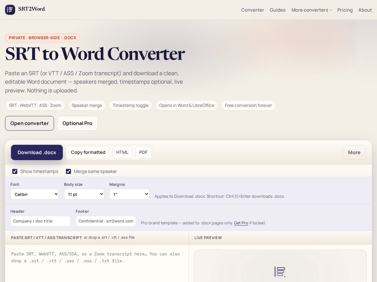 Landing-page snapshot of srt2word.com