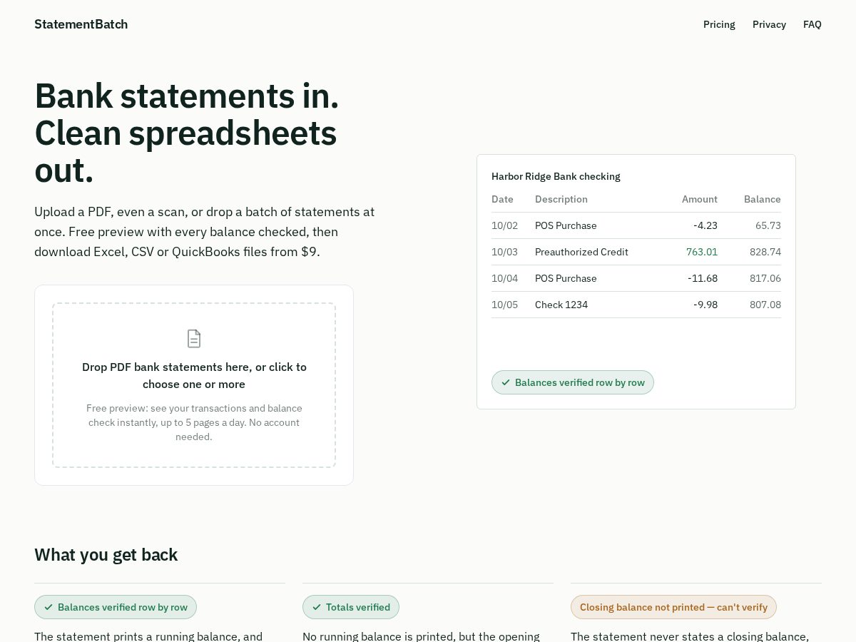 Landing-page snapshot of statementbatch.com