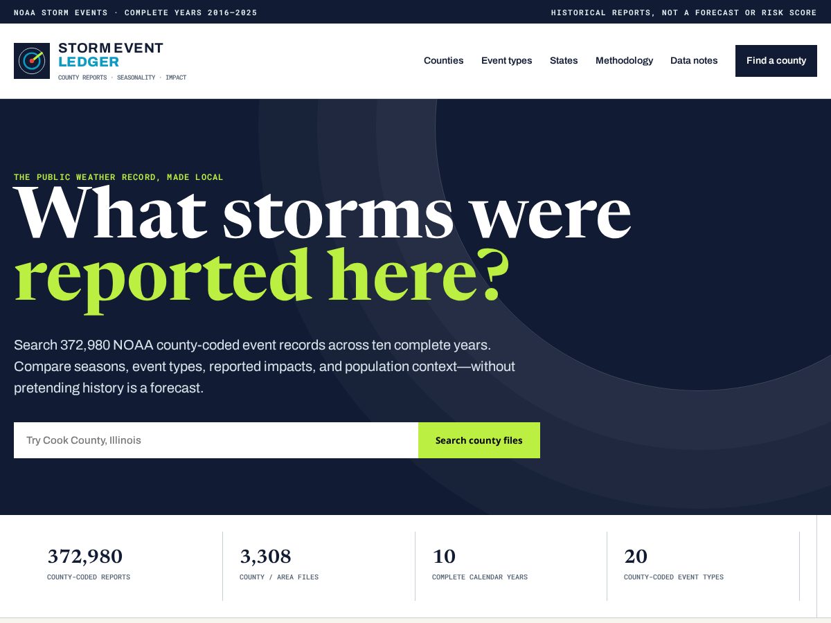 Landing-page snapshot of stormeventledger.com
