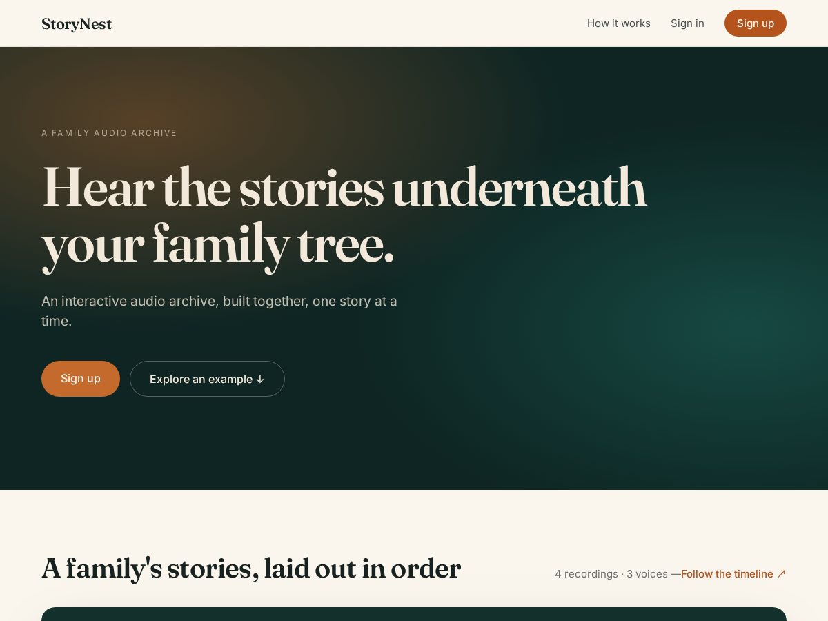Landing-page snapshot of storynest.audio