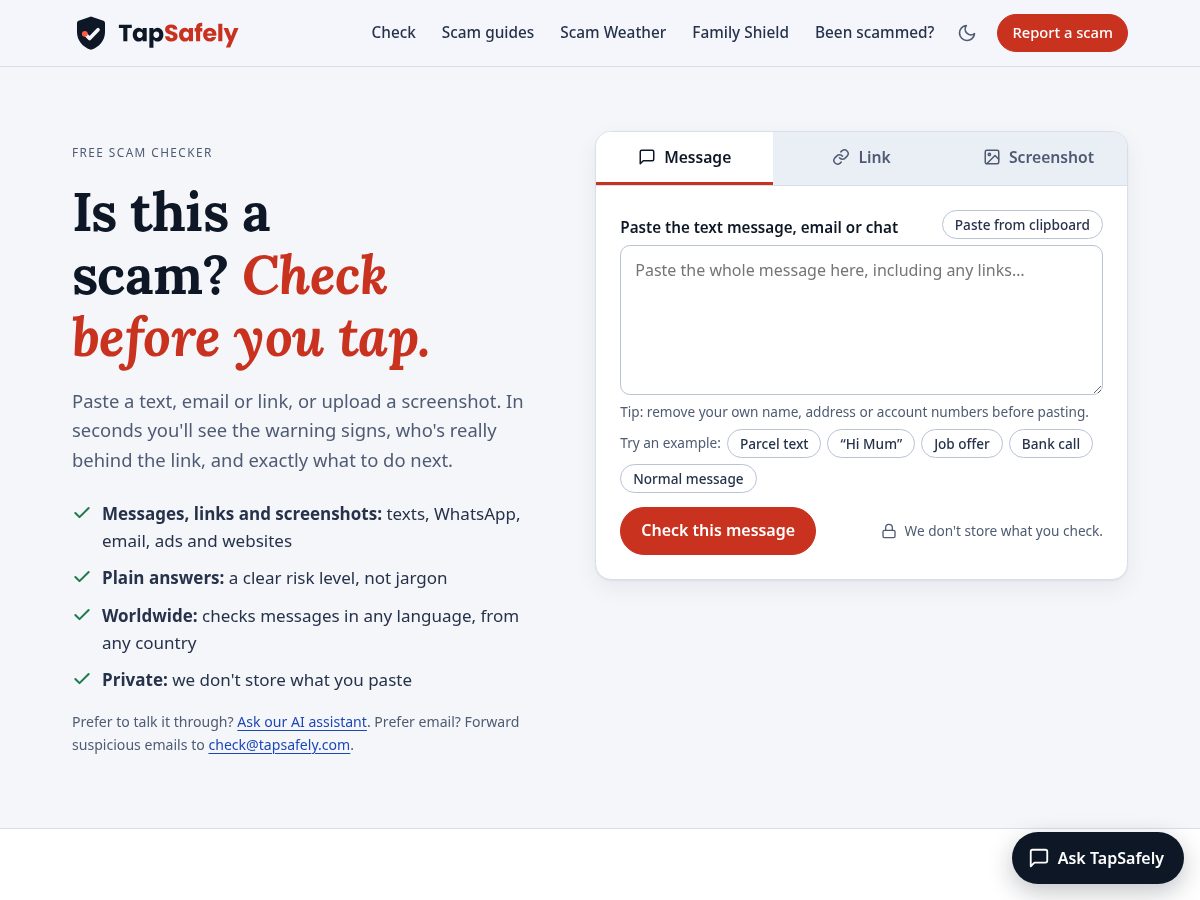 Landing-page snapshot of tapsafely.com