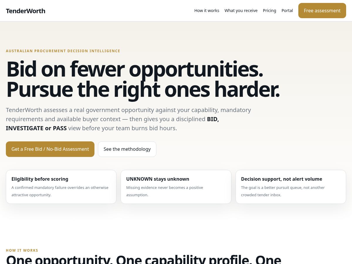 Landing-page snapshot of tenderworth.online