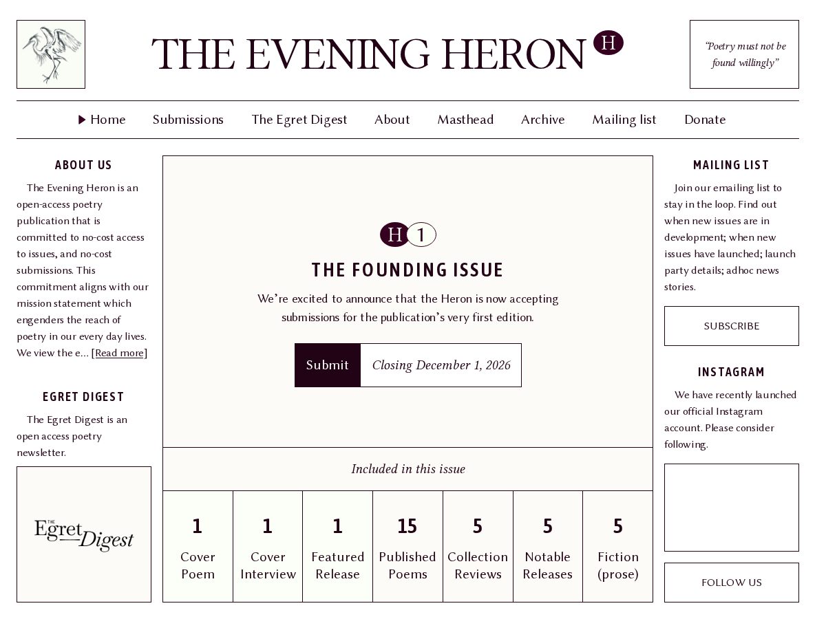 Landing-page snapshot of theeveningheron.com
