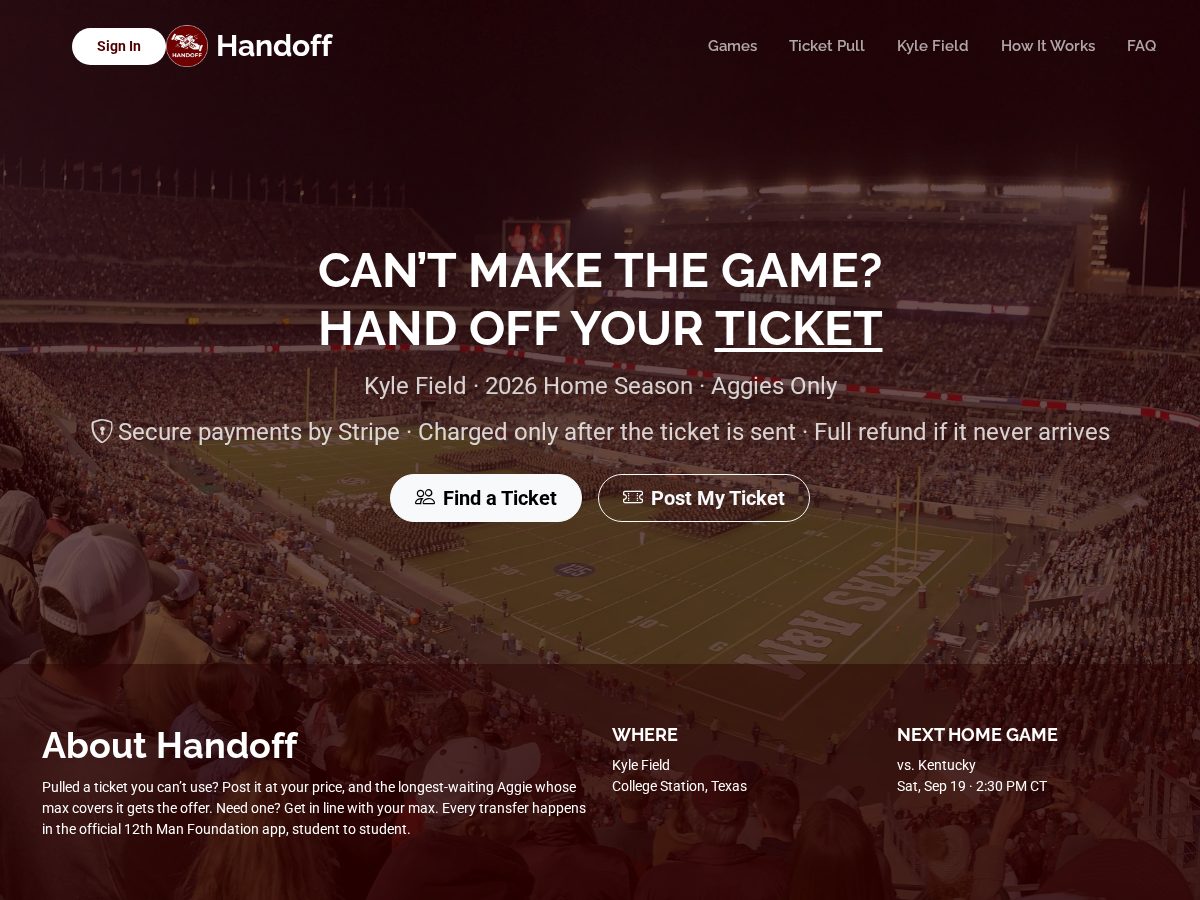 Landing-page snapshot of tickethandoff.com