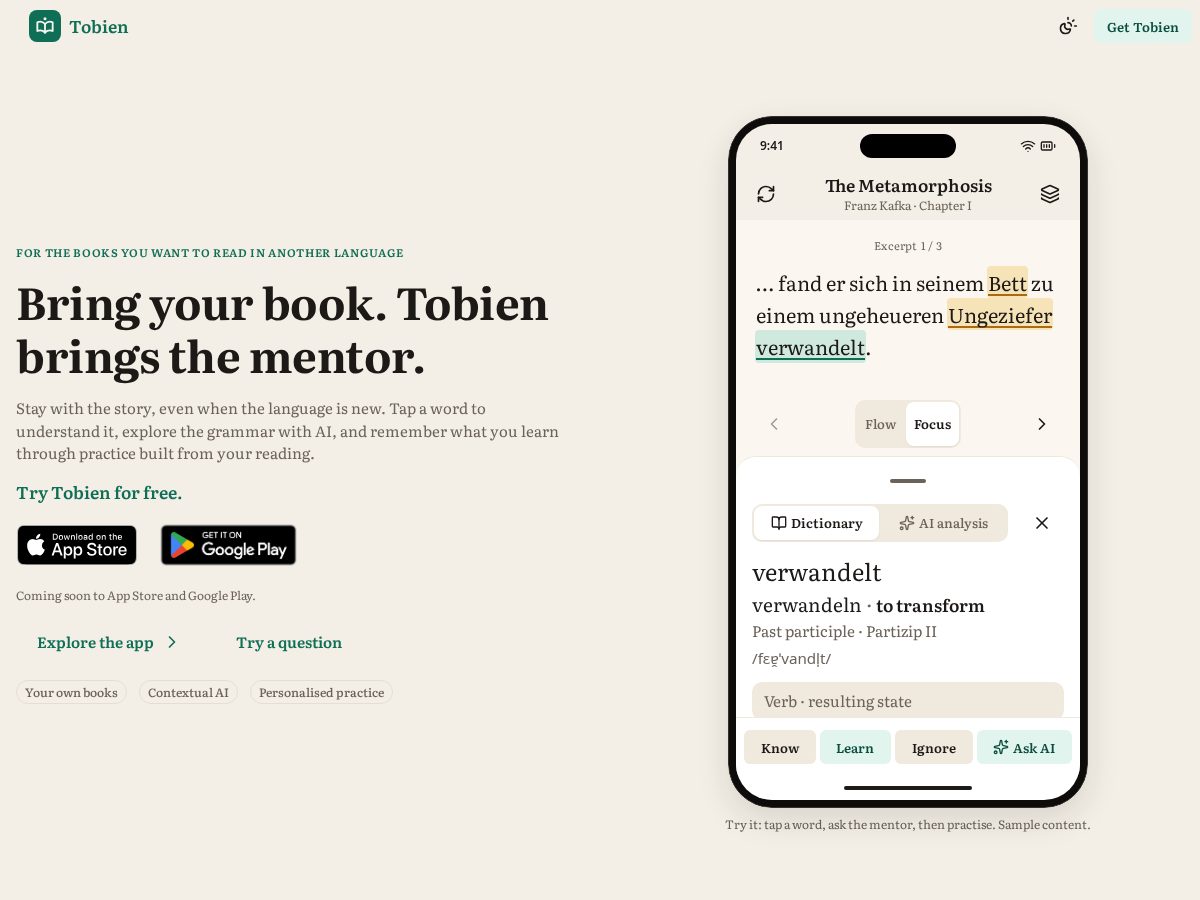 Landing-page snapshot of tobien.app