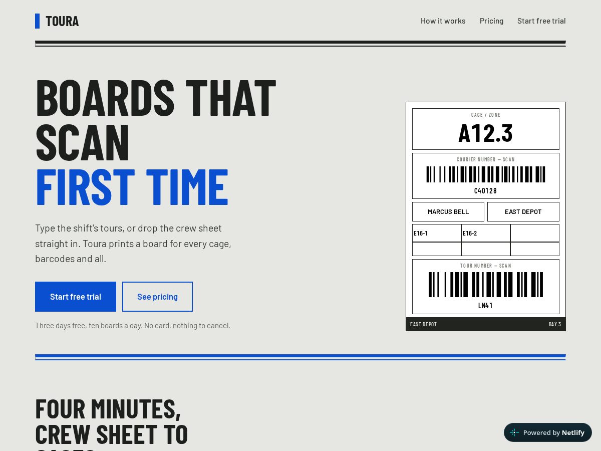 Landing-page snapshot of toura-board.com