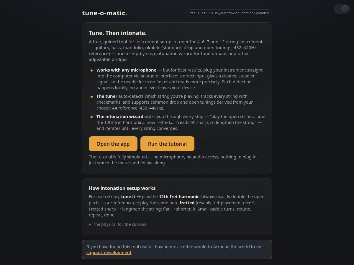 Landing-page snapshot of tuneomatic.app