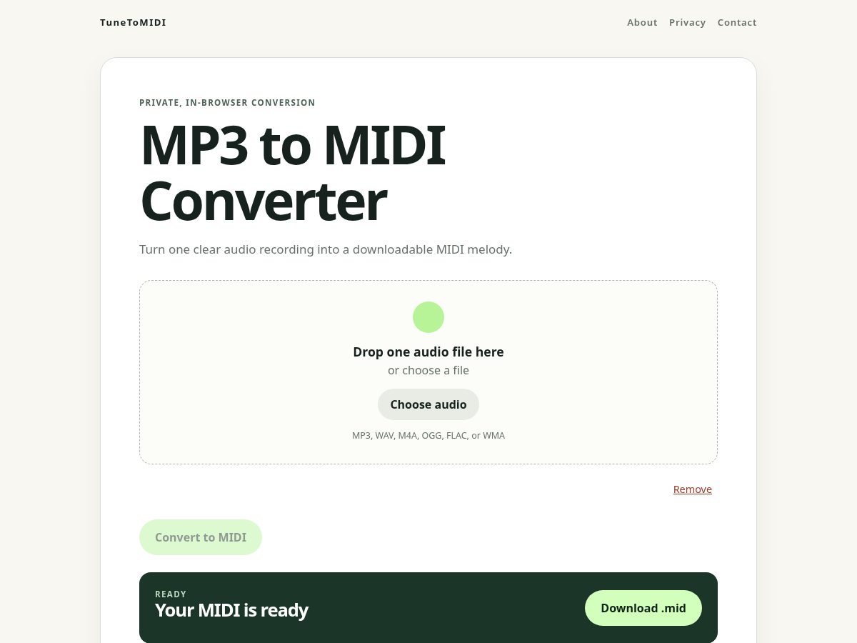 Landing-page snapshot of tunetomidi.com
