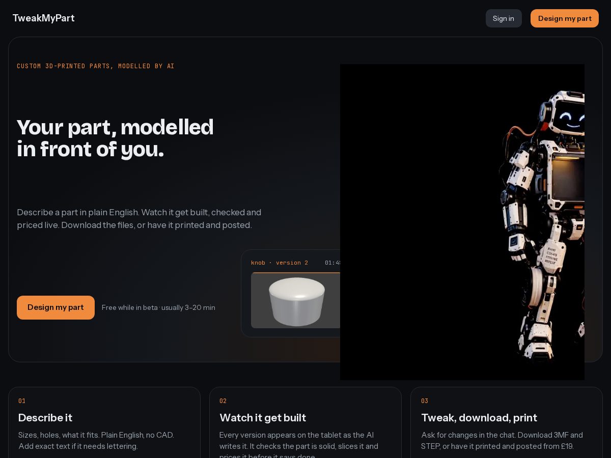 Landing-page snapshot of tweakmypart.com