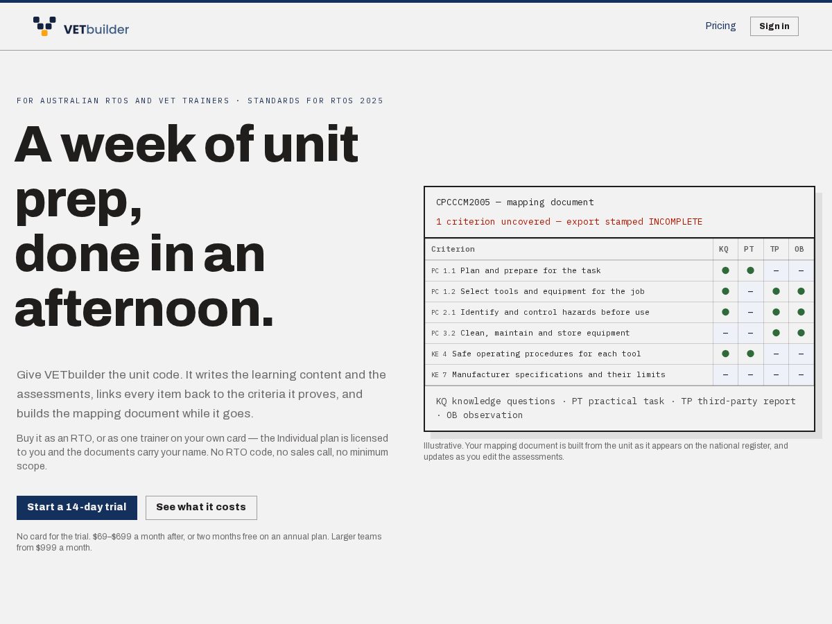 Landing-page snapshot of vetbuilder.online
