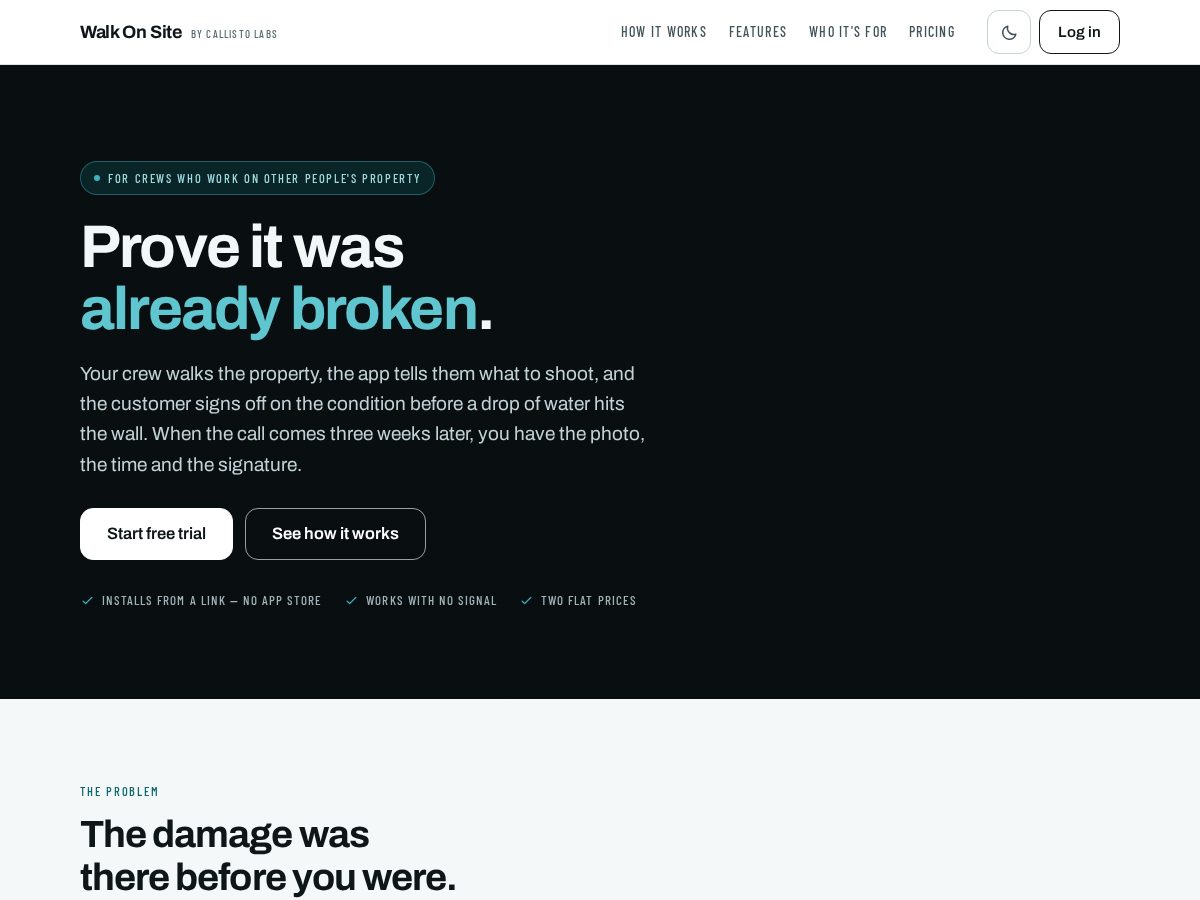 Landing-page snapshot of walkonsite.com
