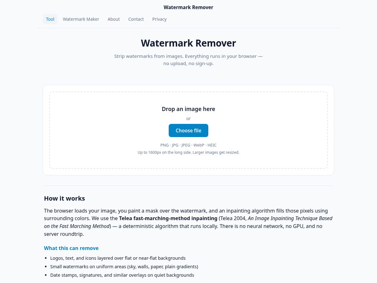 Landing-page snapshot of watermarkcleaner.net