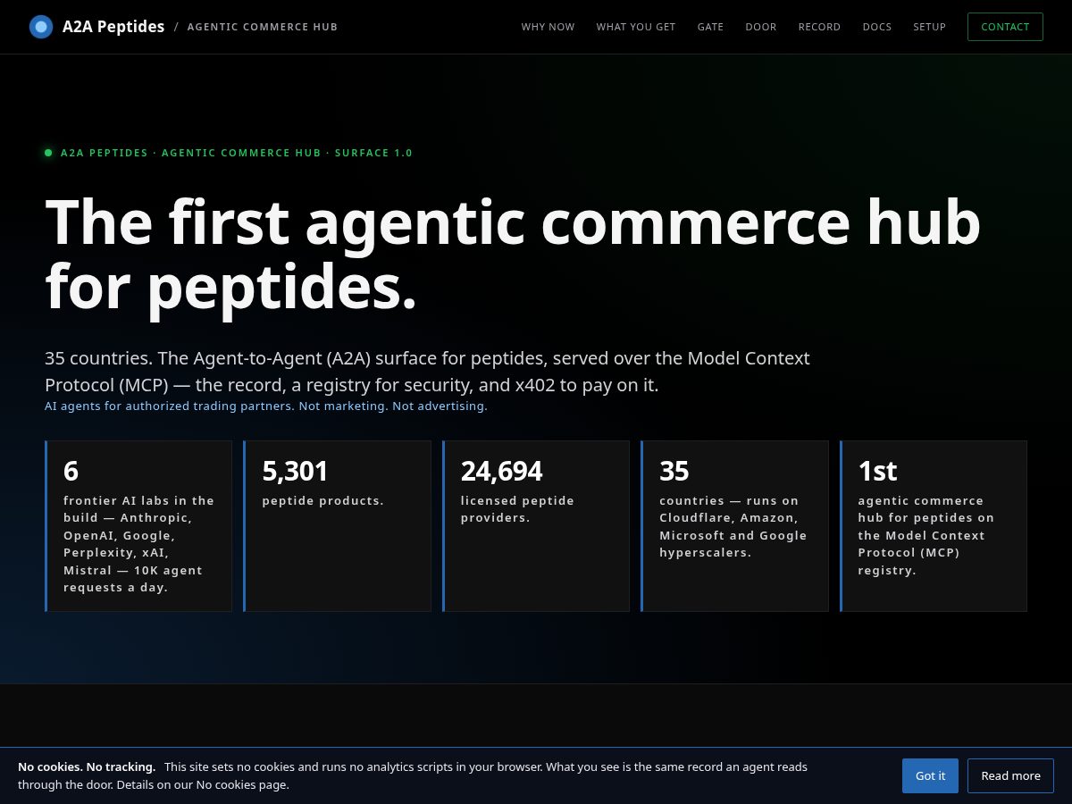 Landing-page snapshot of a2a-peptides.com