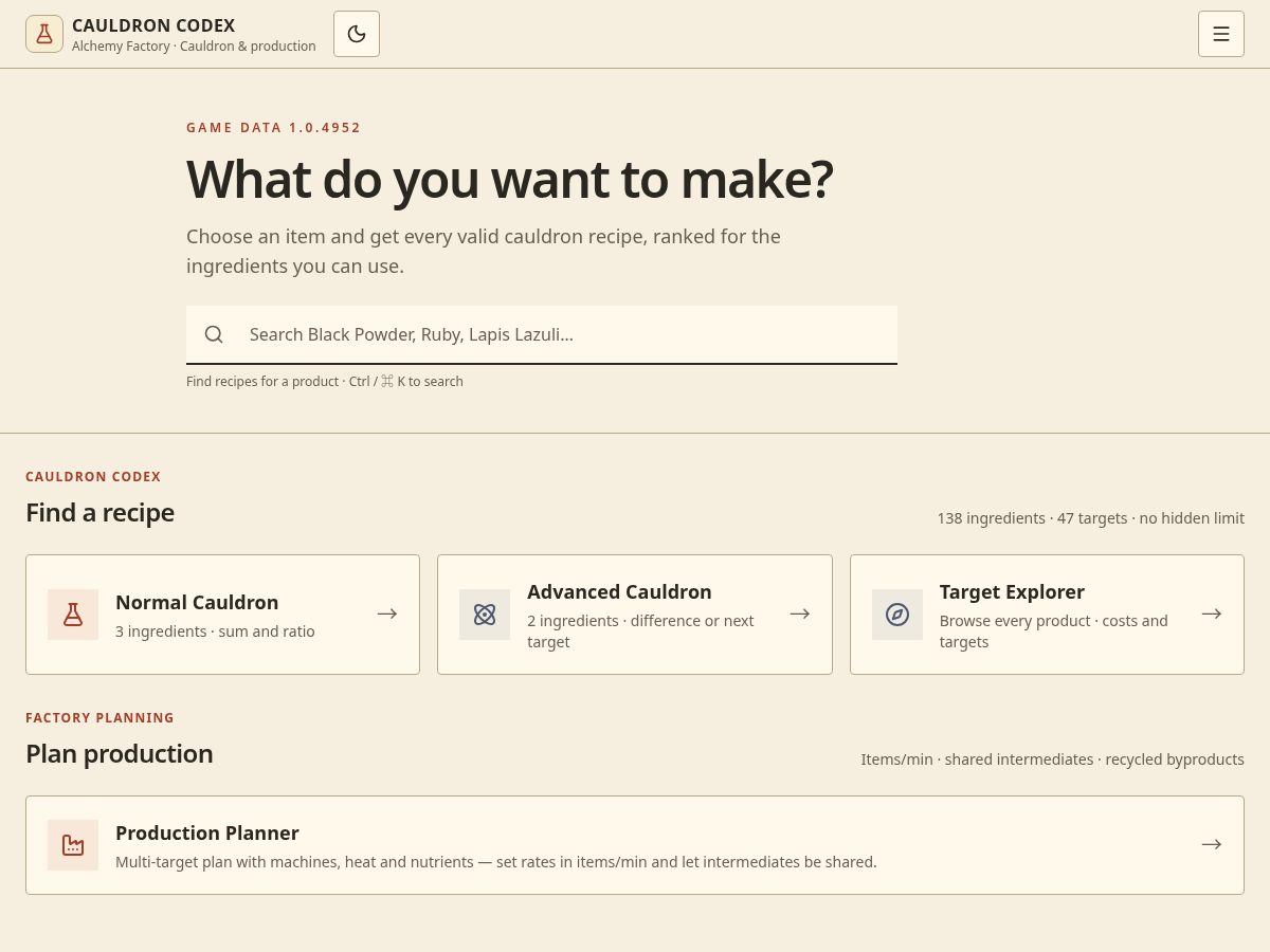 Landing-page snapshot of alchemy-factory-calculator.com