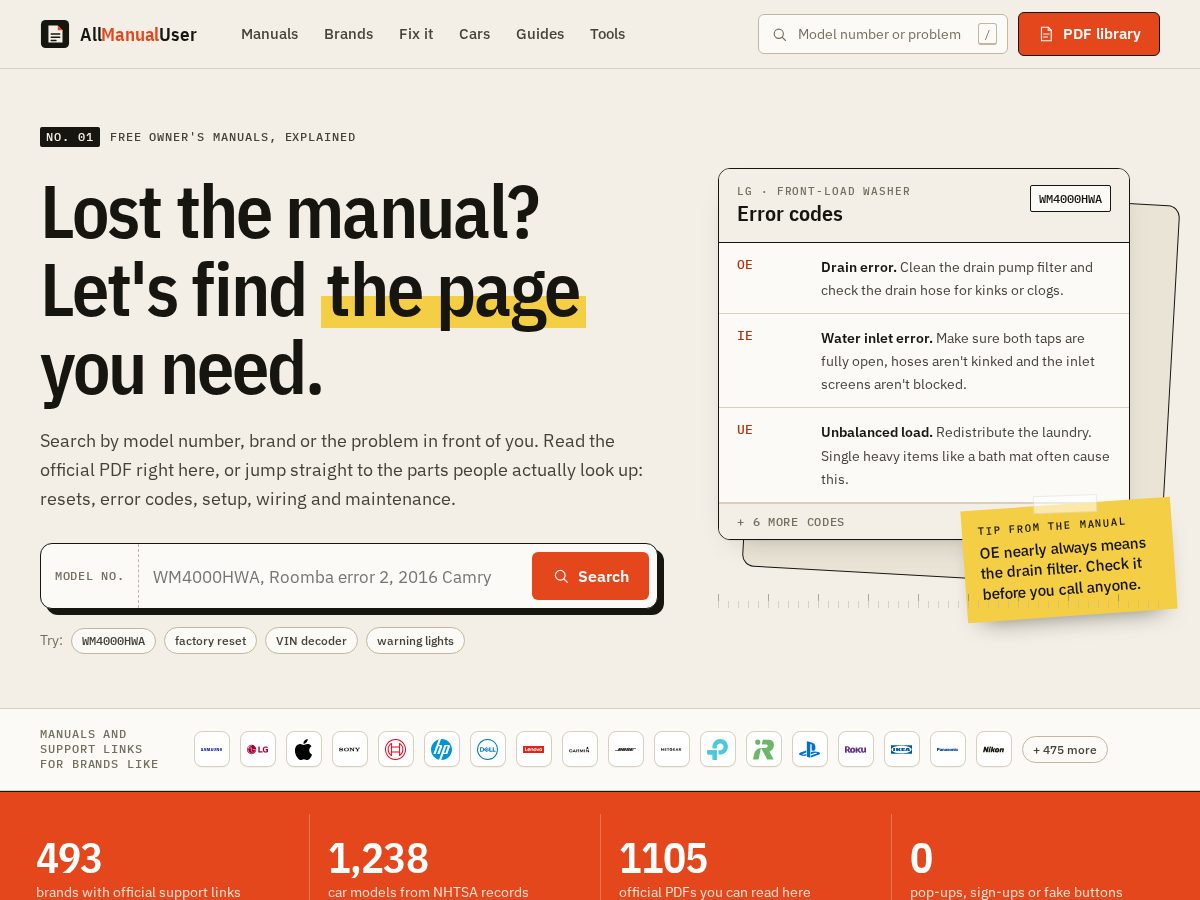 Landing-page snapshot of allmanualuser.com
