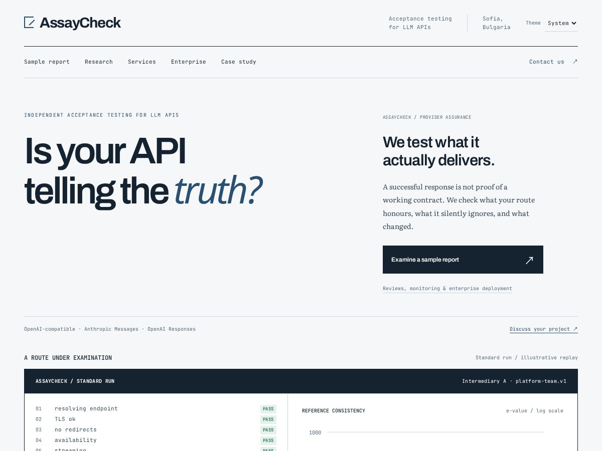 Landing-page snapshot of assaycheck.com