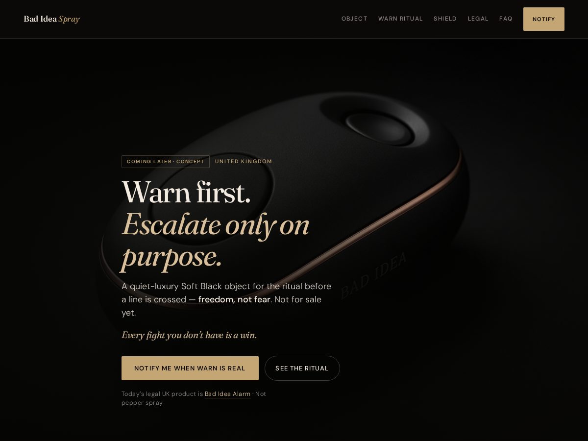 Landing-page snapshot of badideaspray.com