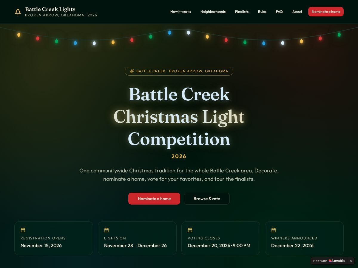 Landing-page snapshot of battlecreeklights.com
