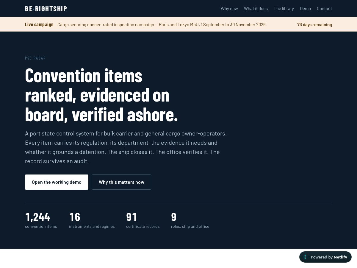 Landing-page snapshot of berightship.com