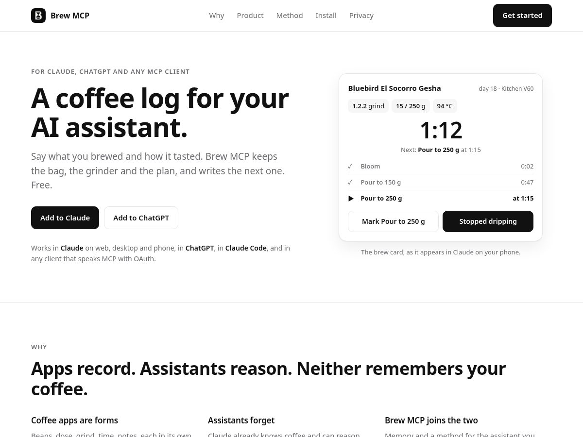 Landing-page snapshot of brewmcp.com