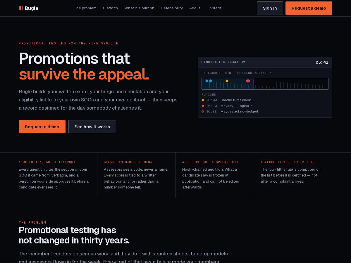 Landing-page snapshot of bugleassessments.com