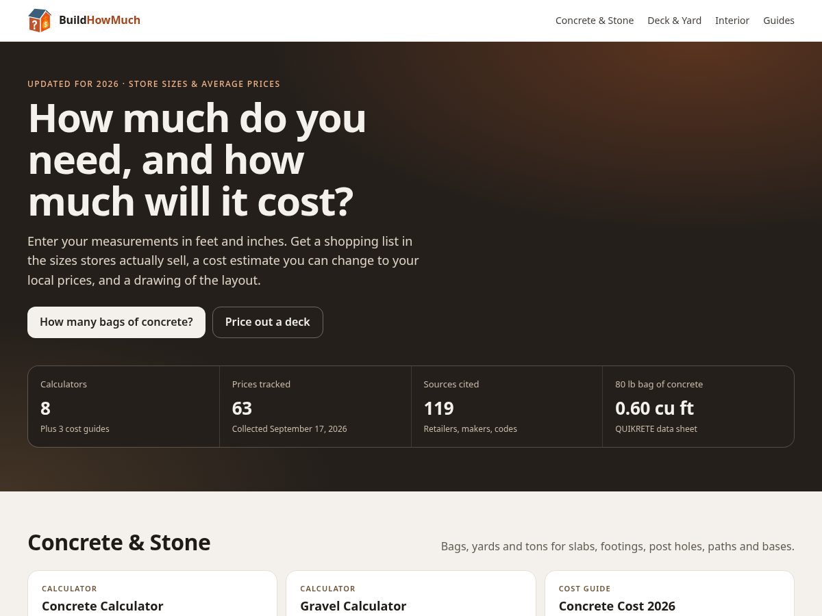 Landing-page snapshot of buildhowmuch.com