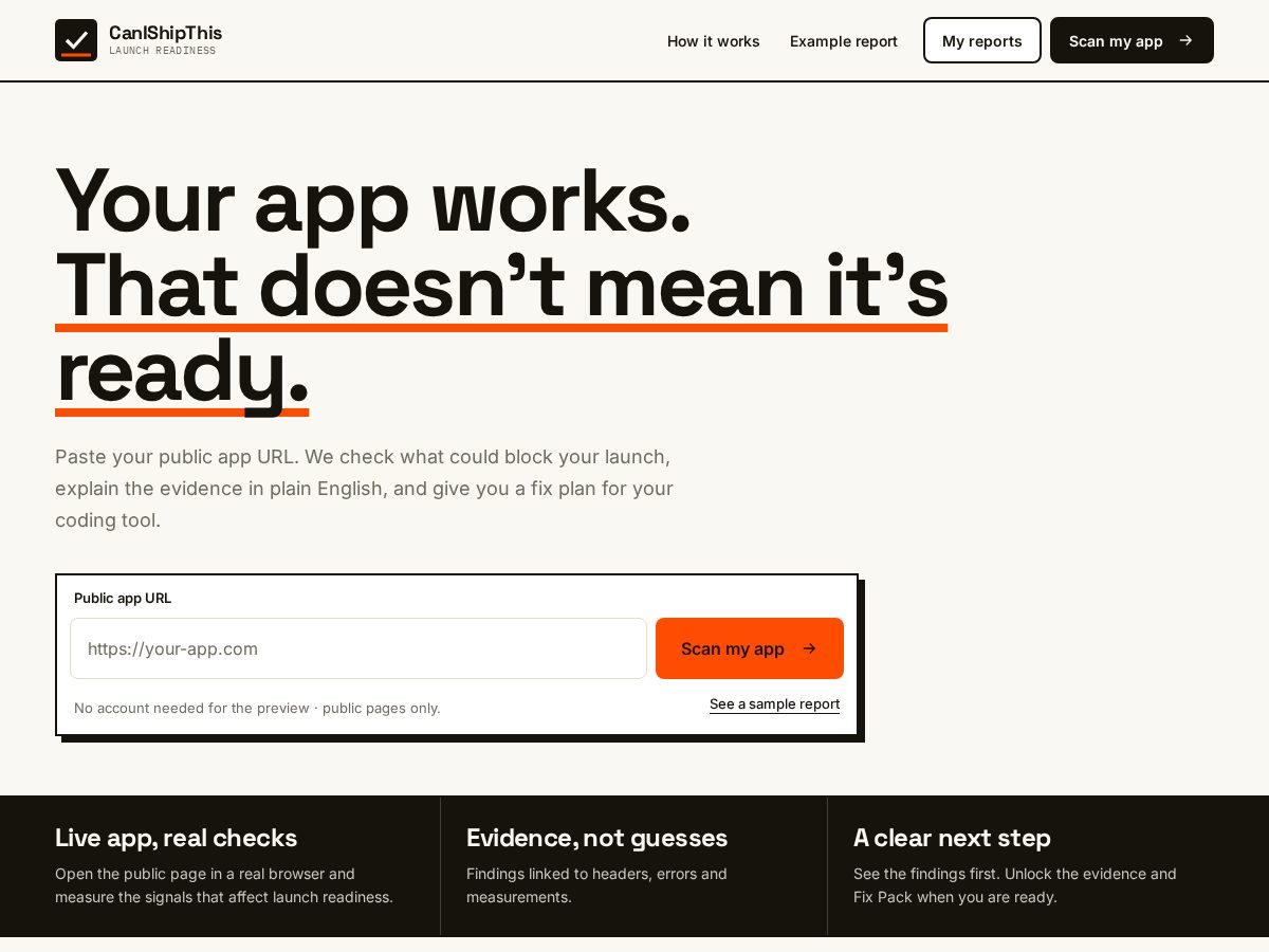 Landing-page snapshot of canishipthis.dev