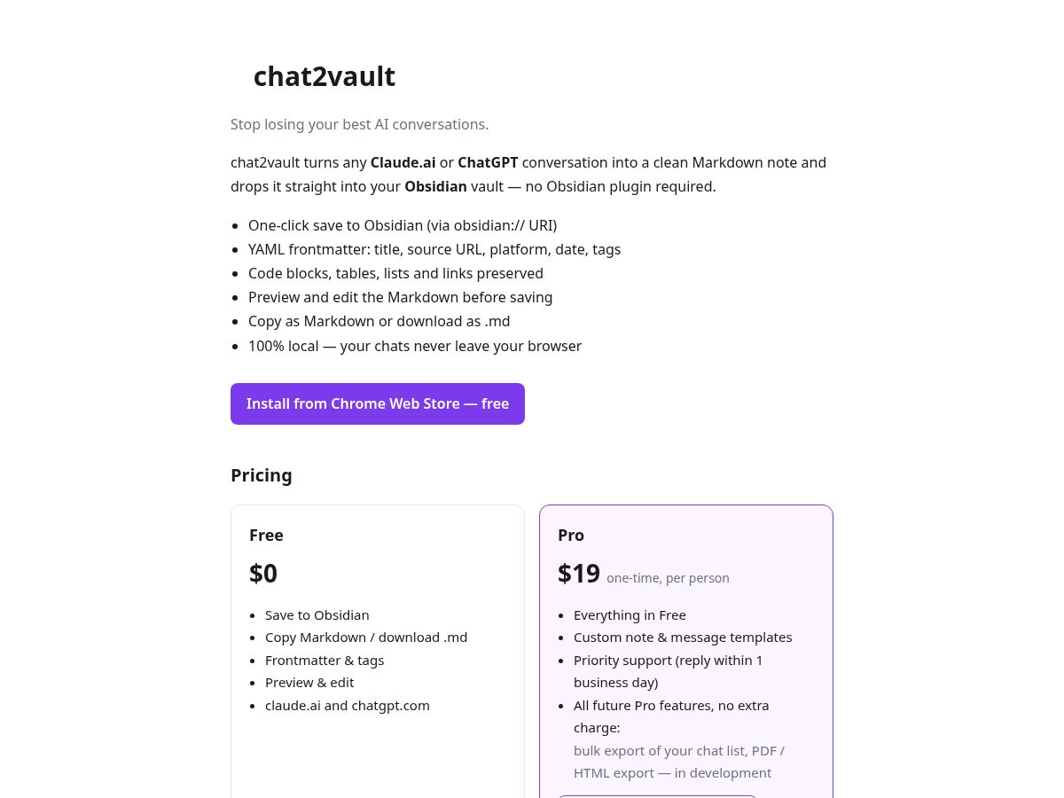 Landing-page snapshot of chat2vault.com