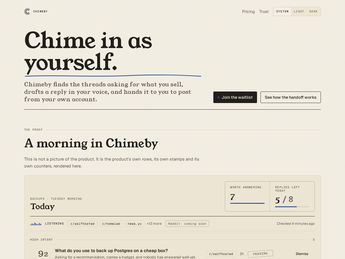 Landing-page snapshot of chimeby.com