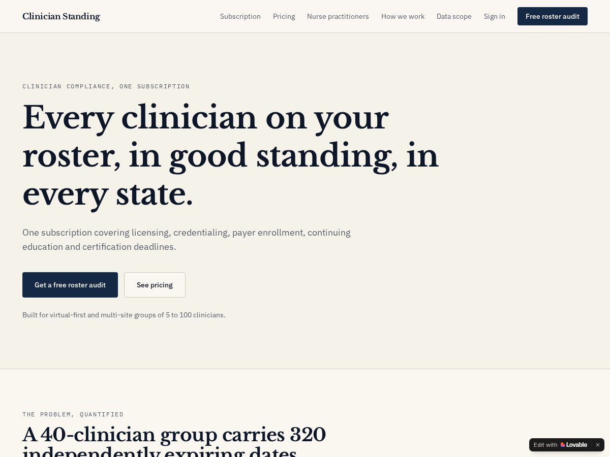 Landing-page snapshot of clinicianstanding.com