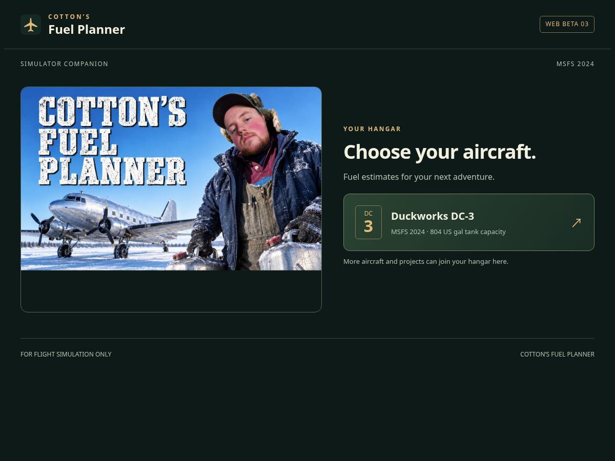 Landing-page snapshot of cottonsfuelplanner.com