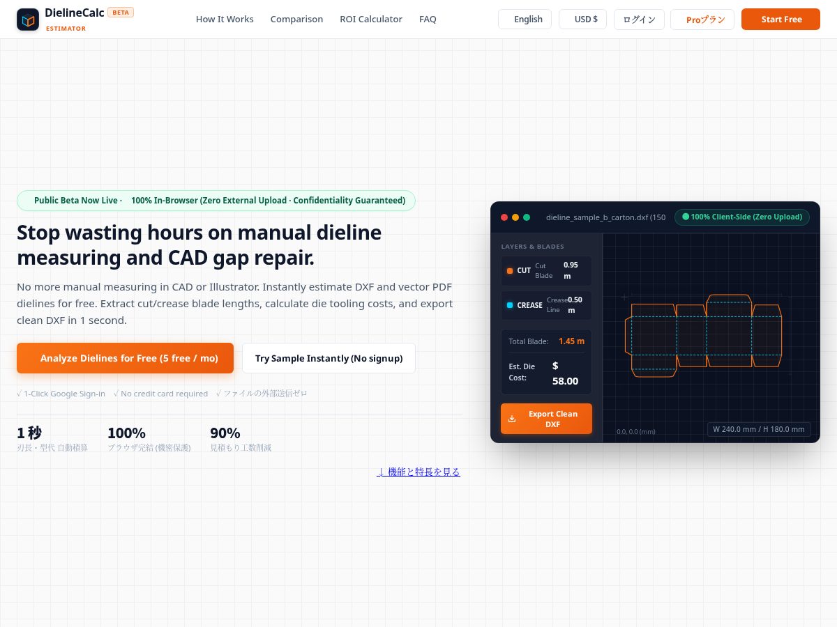 Landing-page snapshot of dielinecalc.com