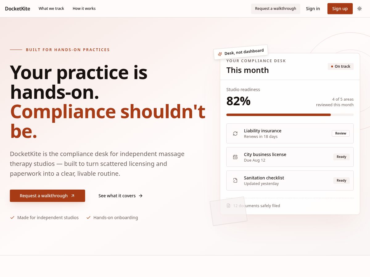 Landing-page snapshot of docketkite.com